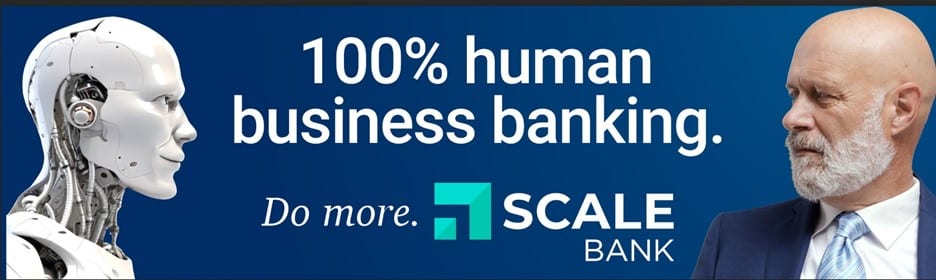 100% human business banking ad. Image of AI robot vs human. 