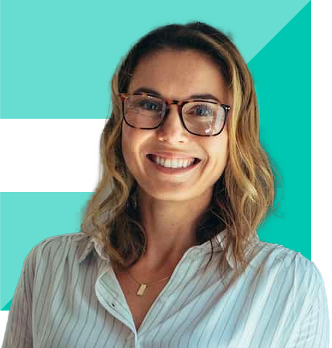 Happy woman with the Scale Bank icon behind her.